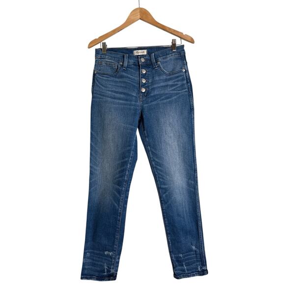 Madewell Women's Distressed Button-Front Slim Straight Denim Jeans Size 28 Blue - Picture 2 of 8